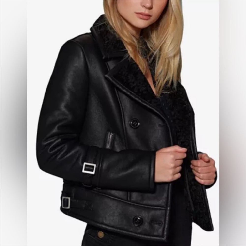 Avec Les Filles Black Faux fur Leather Motorcycle Jacket XS biker Anthropologie